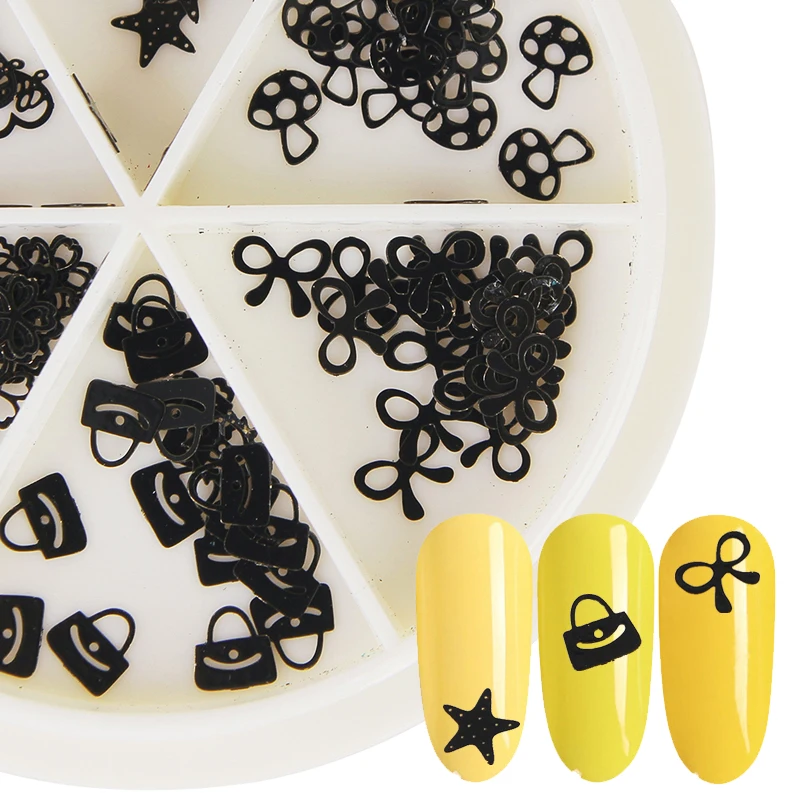 

1 Wheel Nail Art Sequins Mixed Black Hollow Flower Flakes Slice Star Mushroom Heart Bow-knot UV Gel Acrylic Tips DIY Decoration