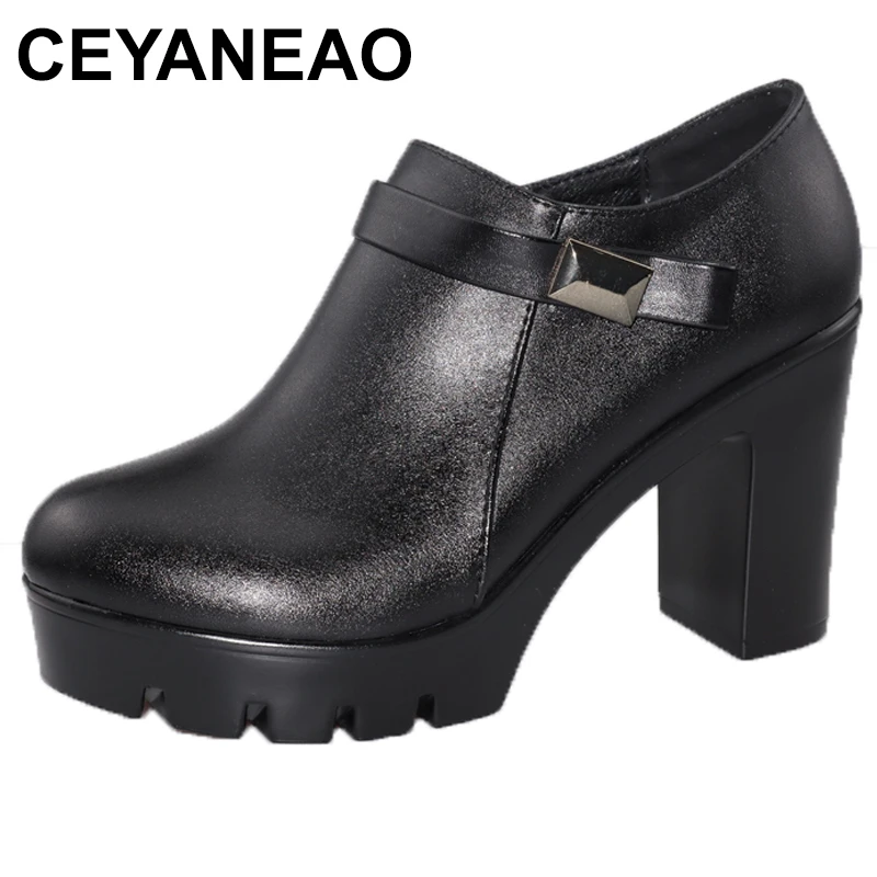 

Plus Size 32-43 Quality Soft Leather Platform Pumps Women Shoes Fall Winter 2023 Deep Mouth Block High Heels Shoes Fur Plush
