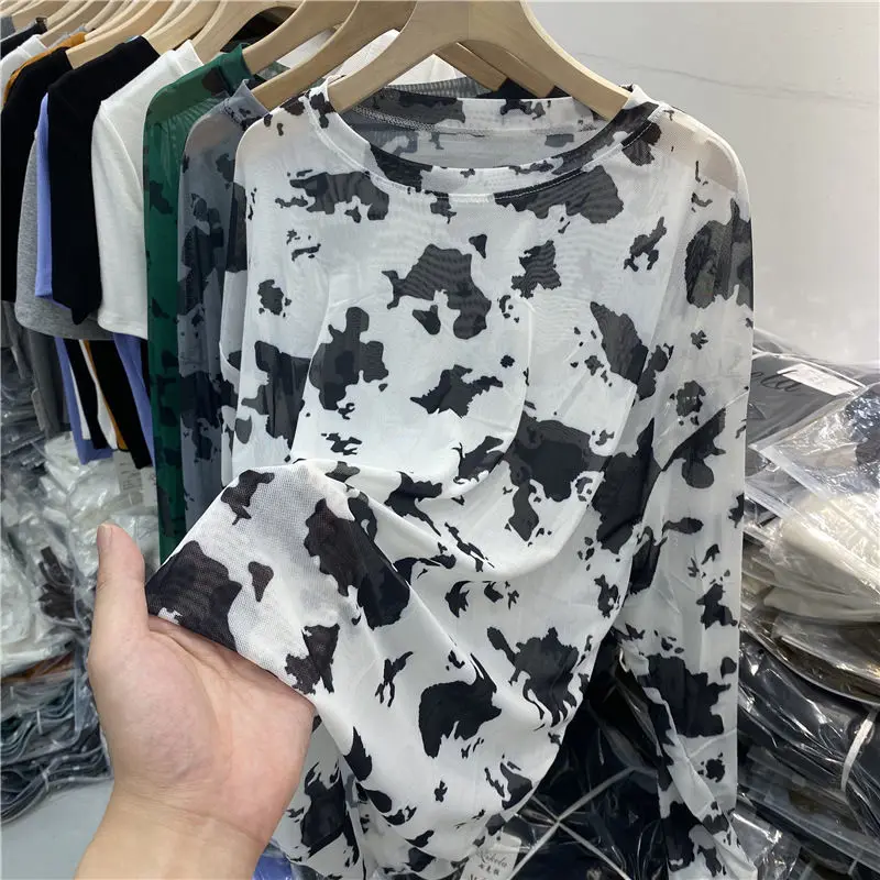 

Весна-Осень 2022, Модные женские сексуальные прозрачные сетчатые женские футболки с круглым вырезом и солнцезащитной сеткой, Женская велюров...