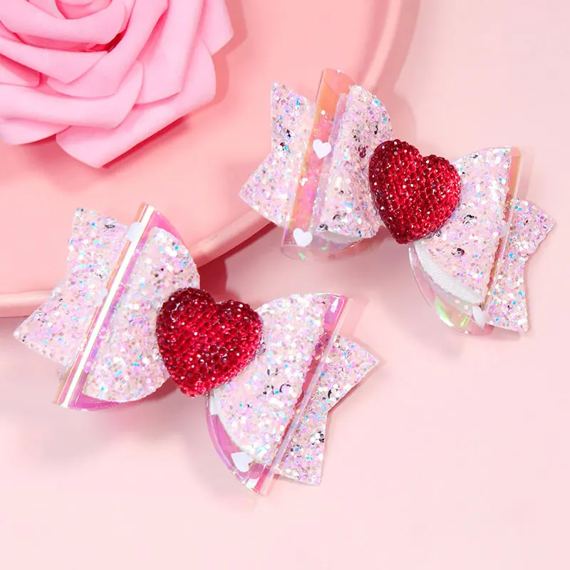 

2Pcs Glitter Hair Clips Bows For Gilrs Valentine's Day Sequin Bow Boutique Hairpins Baby Girl Clip Handmade Hair Accessories