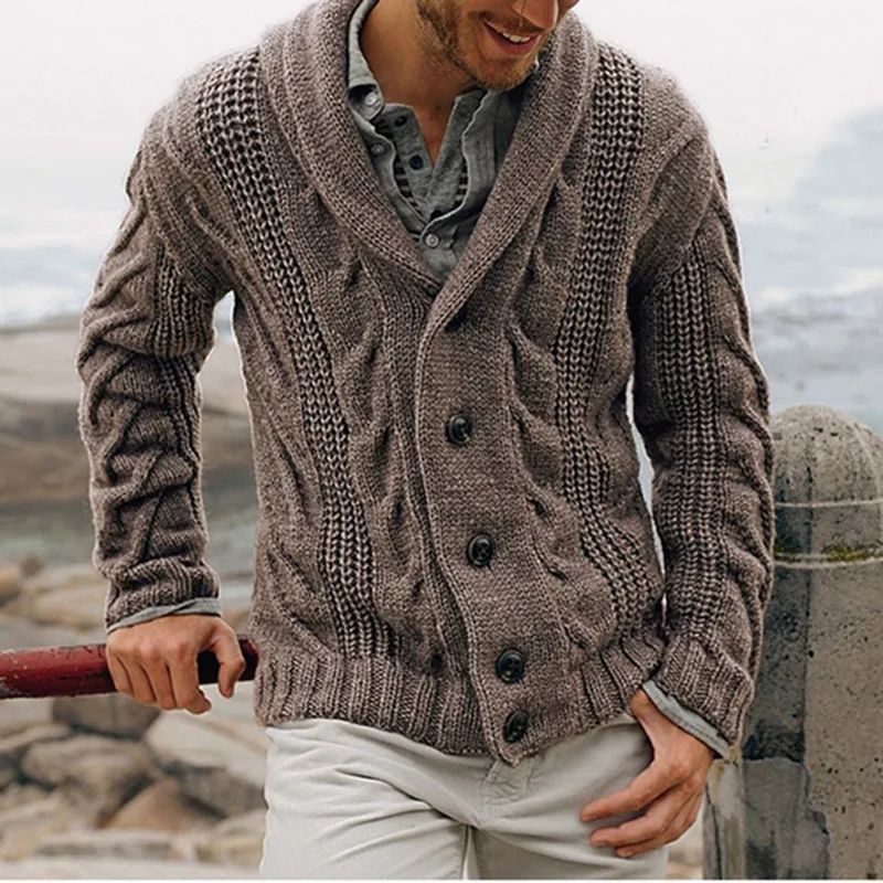 Men Cardigan Sweater Coat Autumn Winter Solid Color Straight Knit Coat Men Long Sleeve Single-Breasted Turn-down Collar Sweater
