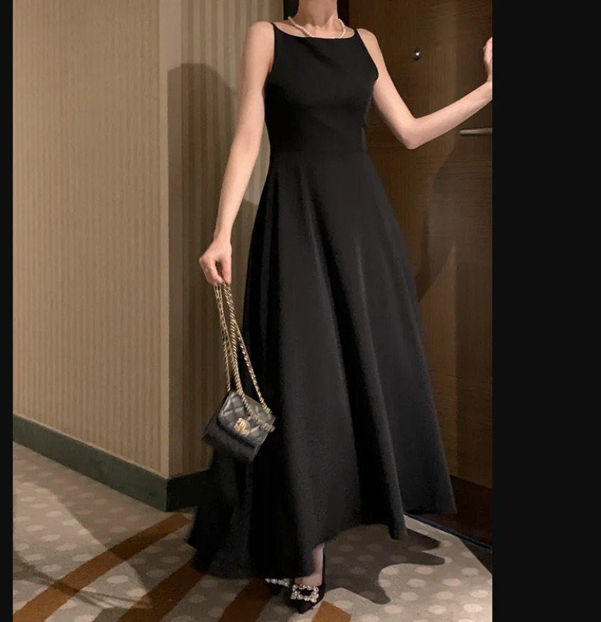 

Private Custom Elegant Casual Long Dress Women Spaghetti Strap A-Line Vintage Solid Party Black Robe Female Fashion Birthday Ves