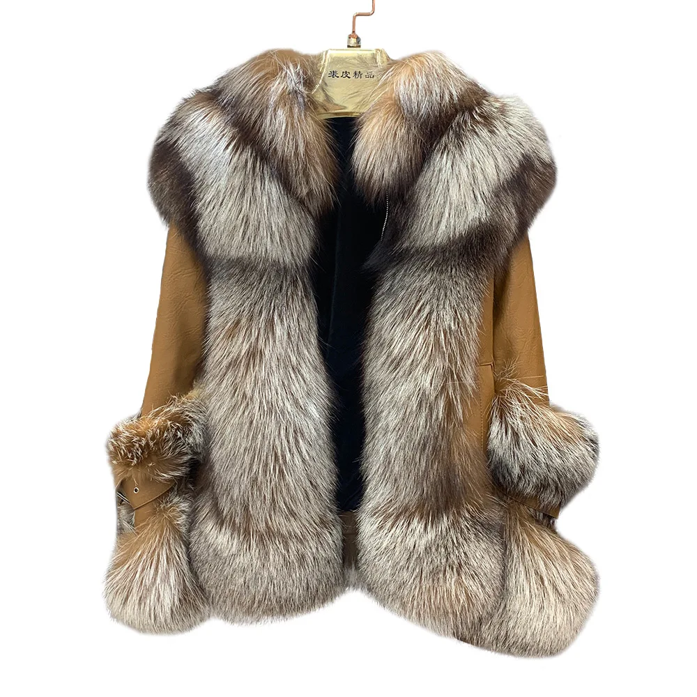 Women's Real Fox Fur Coat Genuine Sheepskin Leather Jacket Winter Thick Warm Fur Clothes Luxury Fashion Outerwear S3593 enlarge