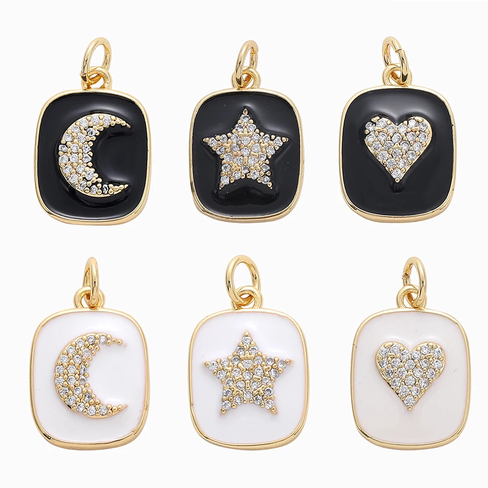 

Черно-белые эмалевые подвески в форме сердца, Луны, звезды, кубические циркониевые золотые подвески для ожерелья, серег, браслета, изготовле...