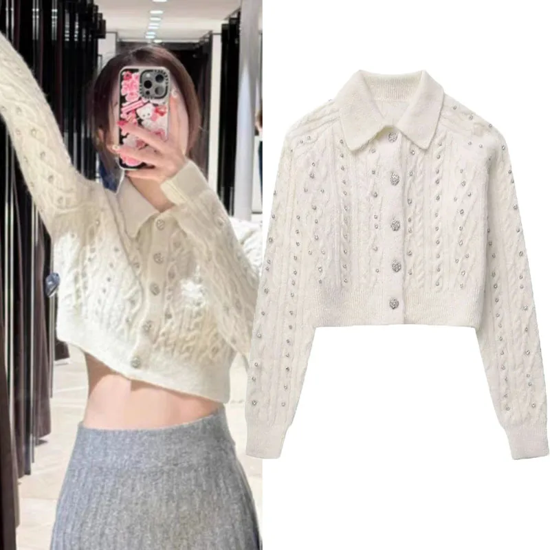 

Женский короткий кардиган с отложным воротником, длинным рукавом и пуговицами