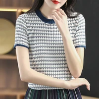 vintage t shirt womens 100 cotton crew neck colorblock knit short sleeve basics elegant fashion summer new casual pullover top
