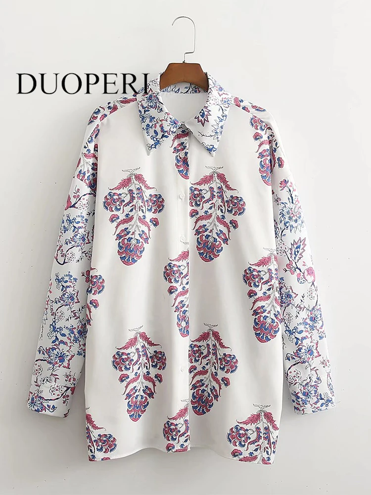 

DUOPERI Women Fashion Printed Single Breasted Blouse Vintage Lapel Neck Long Sleeves Female Chic Lady Shirts