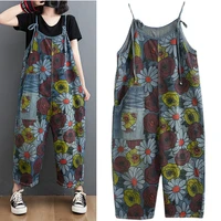 women fashion summer vacation jumpsuits casual big size high waist printed overalls vintage denim pants