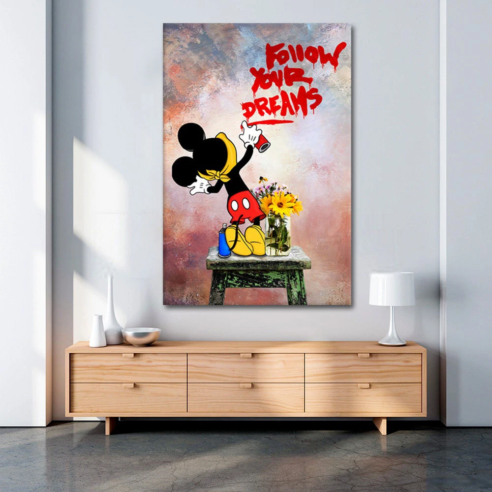 

Постер с мультяшными героями Диснея, Микки Маус, принт, граффити, надпись «Follow Your Dreams», настенное искусство, картины на холсте, картины для гостиной, домашний декор