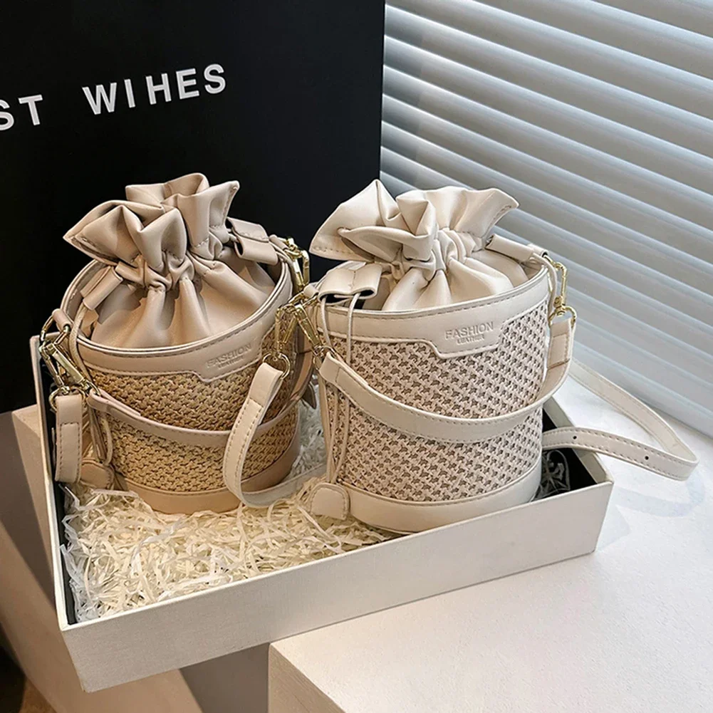 Zomer Strand Nieuwe Ronde Stro Tote Bag Raffia Emmer Zakken Schouder Tas Handtas