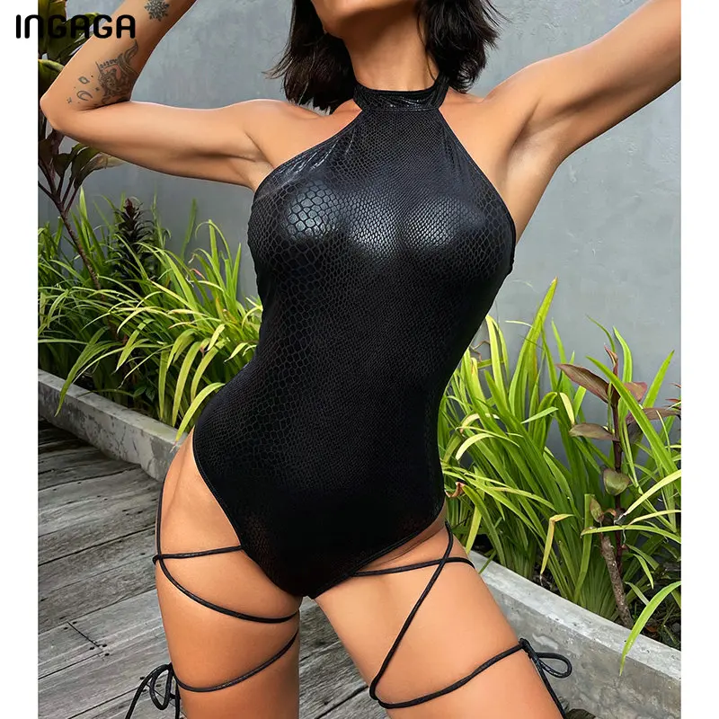 

INGAGA Snakeskin Print Women's Swimsuits One Piece Lace Up Swimwear Women 2022 New High Cut Beachwear Halter Bathing Suit Summer