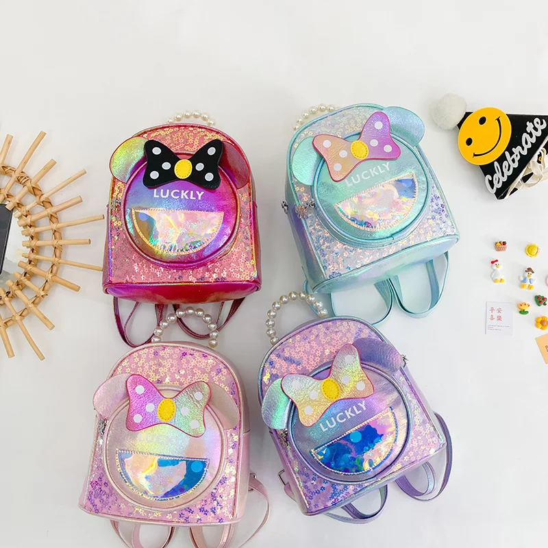 Cute Kindergarten Baby Schoolbag Kids Cute Minnie Dots Bow Pearl Sequin Bags Girl Outdoor Lightweight Laser Snack Backpack