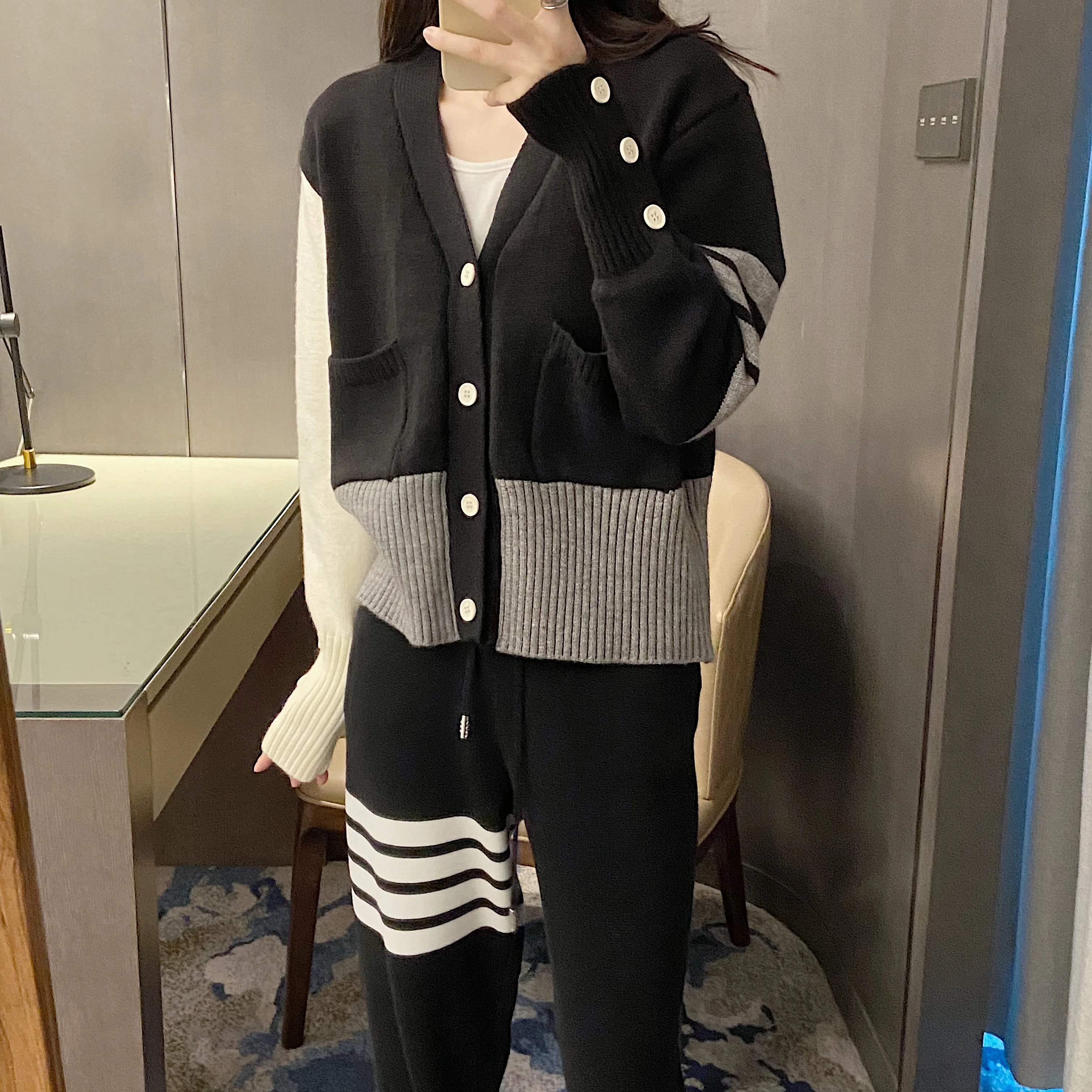 TB High Quality Korean Fashion Women's Striped Color Blocking Long Sleeve V-neck Four Stripe Wool Knitted Cardigan Coat