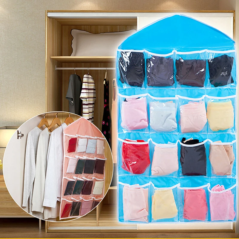 

16 Pockets Clear Hanging Bag Socks Bra Underwear Rack Hanger Storage Organizer Underwear storage bag For Bathroom Living Room