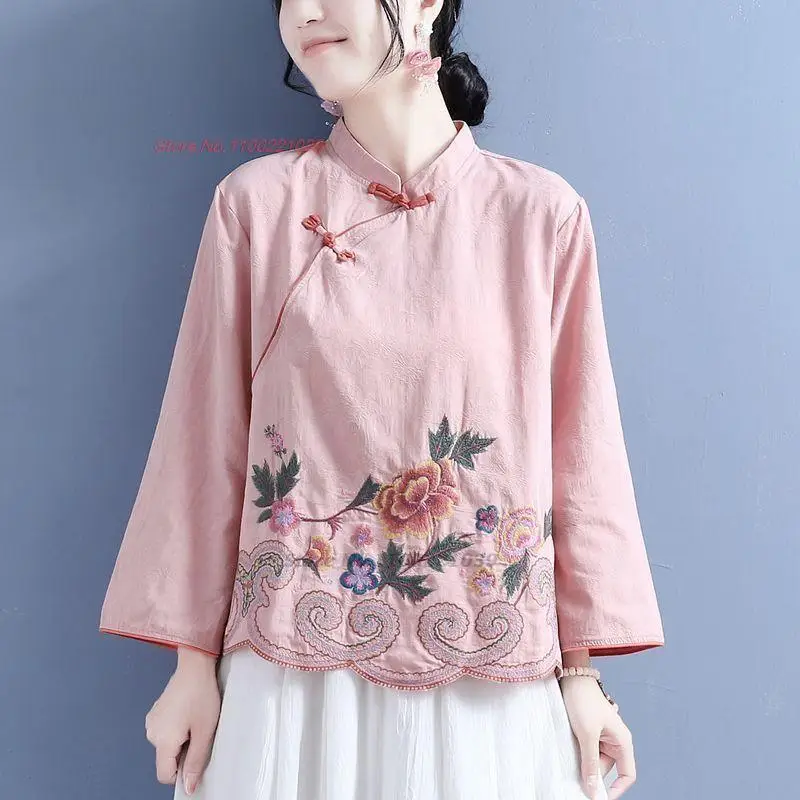 

2023 national flower embroidery qipao blouse chinese vintage cheongsam tops national improved ethnic hanfu blouse tang suit