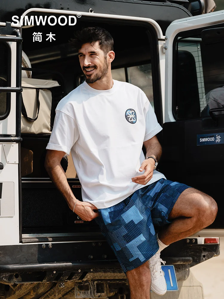 

SIMWOOD 2023 Summer New Oversize Heavyweight 320g 100% Cotton T-shirts Men Print Tops Plus Size Brand Clothing Tees