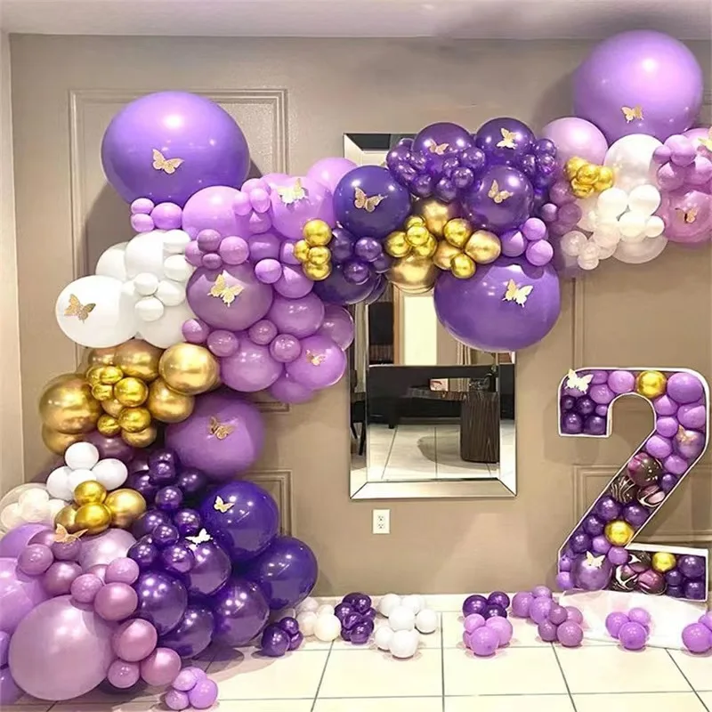 

Purple and White Balloon Garland Arch Set with Gold Butterfly Perfect for Bridal Wedding Scene Decoration Girls Birthday Party