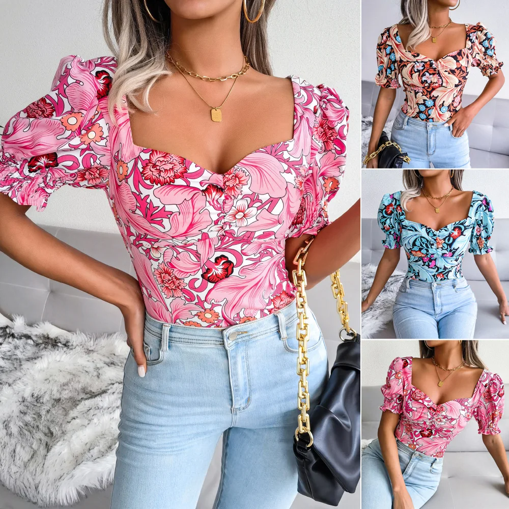 

Pink Floral Print Chiffon Blouse Women Summer Fashion Square Collar Lantern Sleeve Pullover Shirt Woman Sexy Backless Corset Top