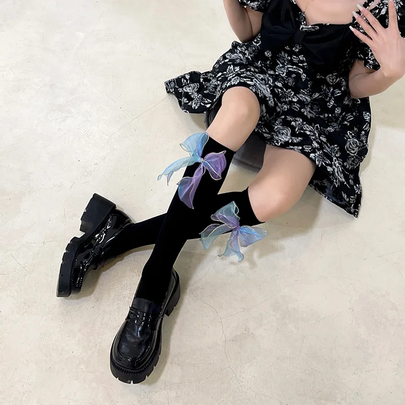 Summer Kawaii Detachable Gradient Purple Bow Lolita Socks Woman Japanese Fashion Mori Girl Women White Black High Socks Designer