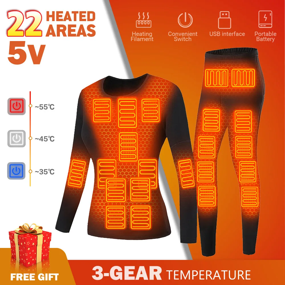 

Thermal Heated Underwear Motorcycle Heating Jacket Skiwear Fleece Warm Autumn Top Pants USB Electric 22 Areas Heating Clothing