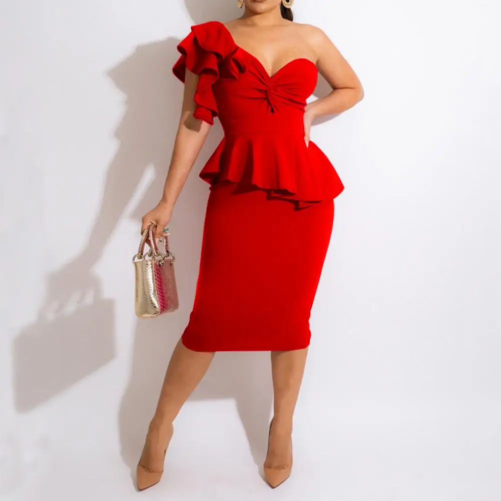 

Formal Dress Women's New Loose Single Shoulder Off Shoulders Fine Stitching Ruffles Summer Slit Hip Wrap Dress for Wedding