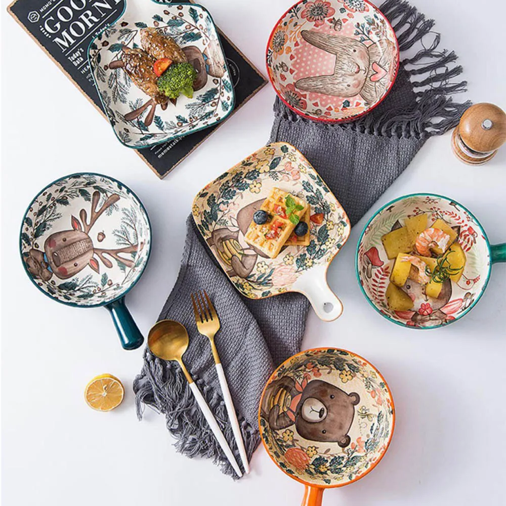 

Tableware Ceramic Bowl Kitchen Accessories Handle bowl Ramen Bowl Pasta Dish Japanese Bowl Salad Bowl Big-ear plate Hand-painted