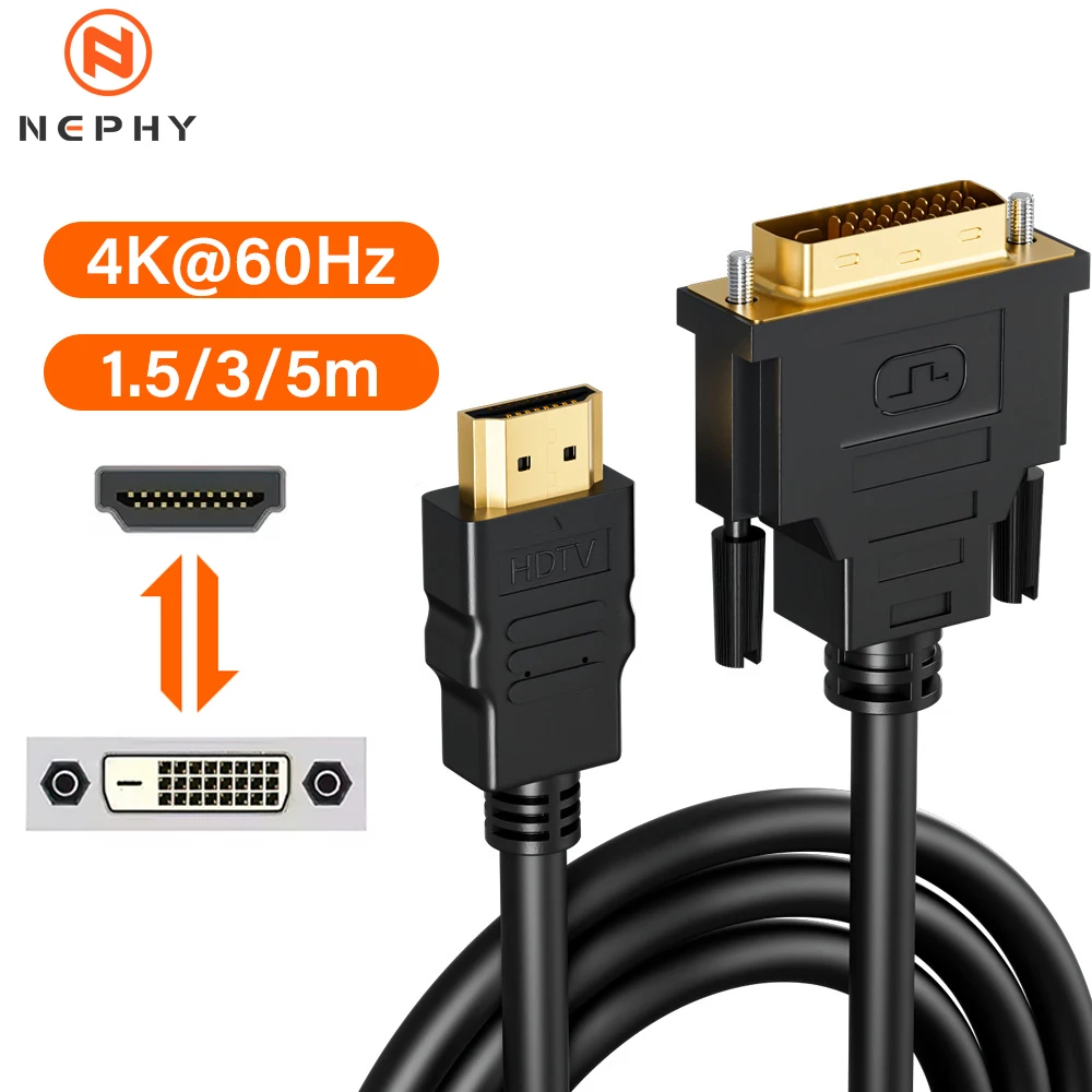 Фото Двусторонний преобразователь DVI в HDMI, двунаправленный кабель-адаптер 4K, 60 Гц, 1080P, 1,5/3/5 метров, для ПК, ноутбука, PS5, Xbox Switch TV 24 1/24 5 №1