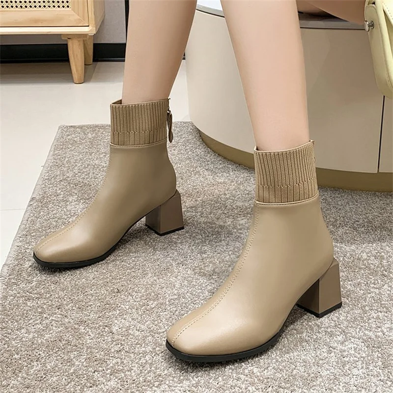 

Модные женские ботинки Новинка весна-осень 2023 женские короткие ботинки на высоком каблуке простые женские ботинки на квадратном каблуке