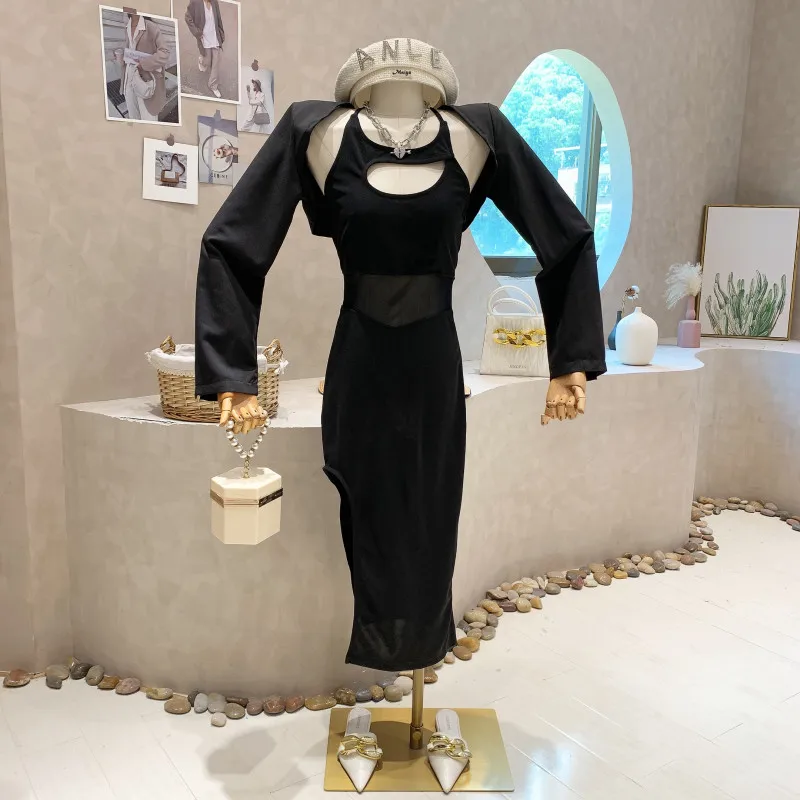 

New Women's Clothing 2022 Summer Long sleeved cardigan top Sexy girl halter suspender dress hip skirt long Dress two piece set