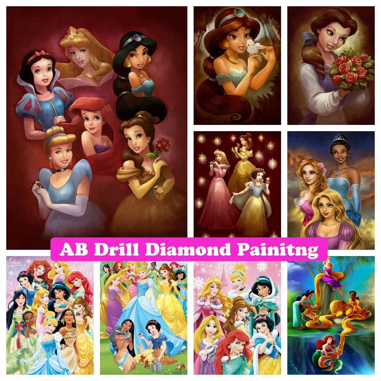 

Princess Aurora Cinderella Jasmine Belle Rapunzel Ariel Snow 5D AB Drill Diamond Painting Disney Cartoon Mosaic Children's Gifts