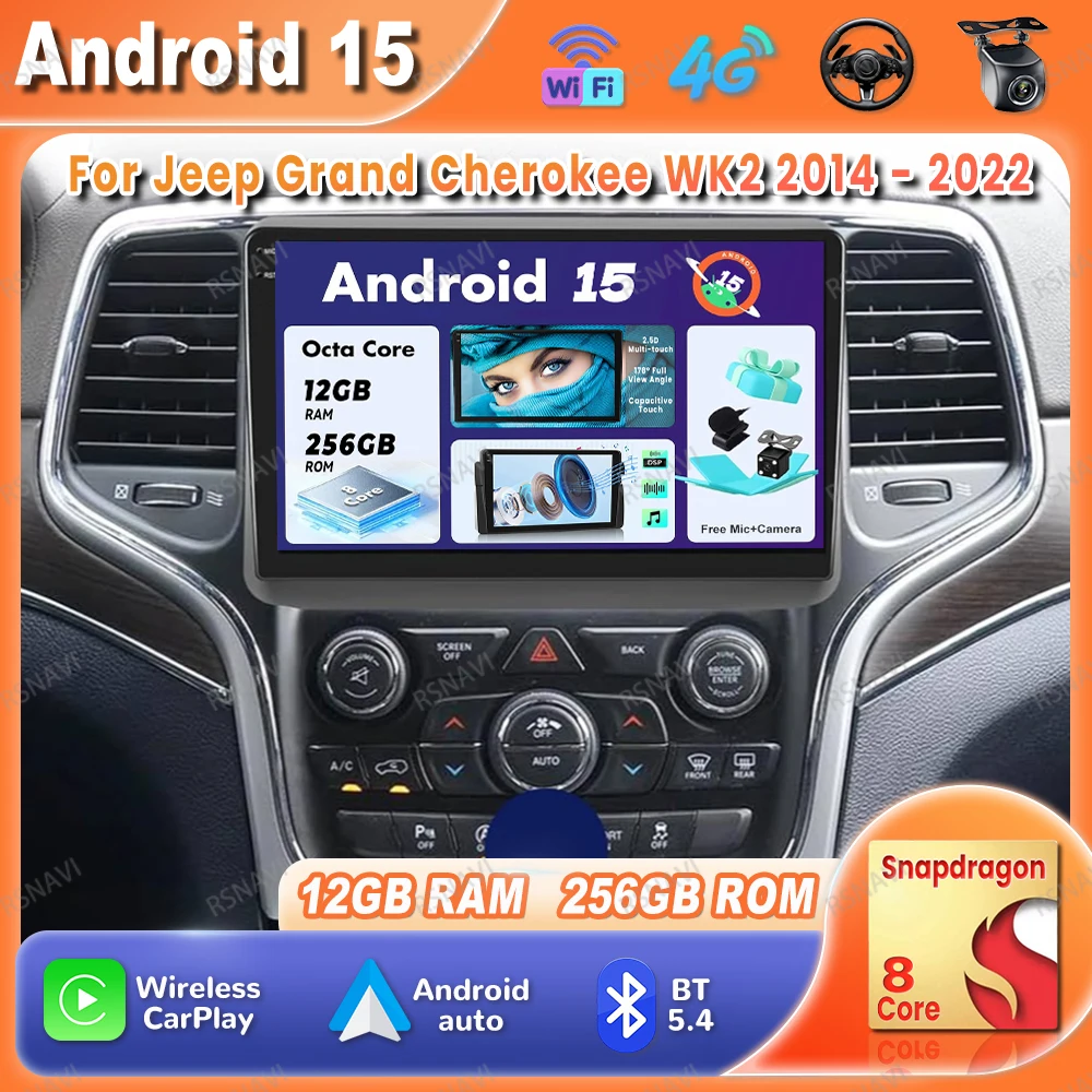 Фото Автомобильный радиоприемник Android 15 для Jeep Grand Cherokee WK2 2014-2022 Qualcomm Wireless Carplay Auto BT Viedo Player Мультимедийный головное устройство №1