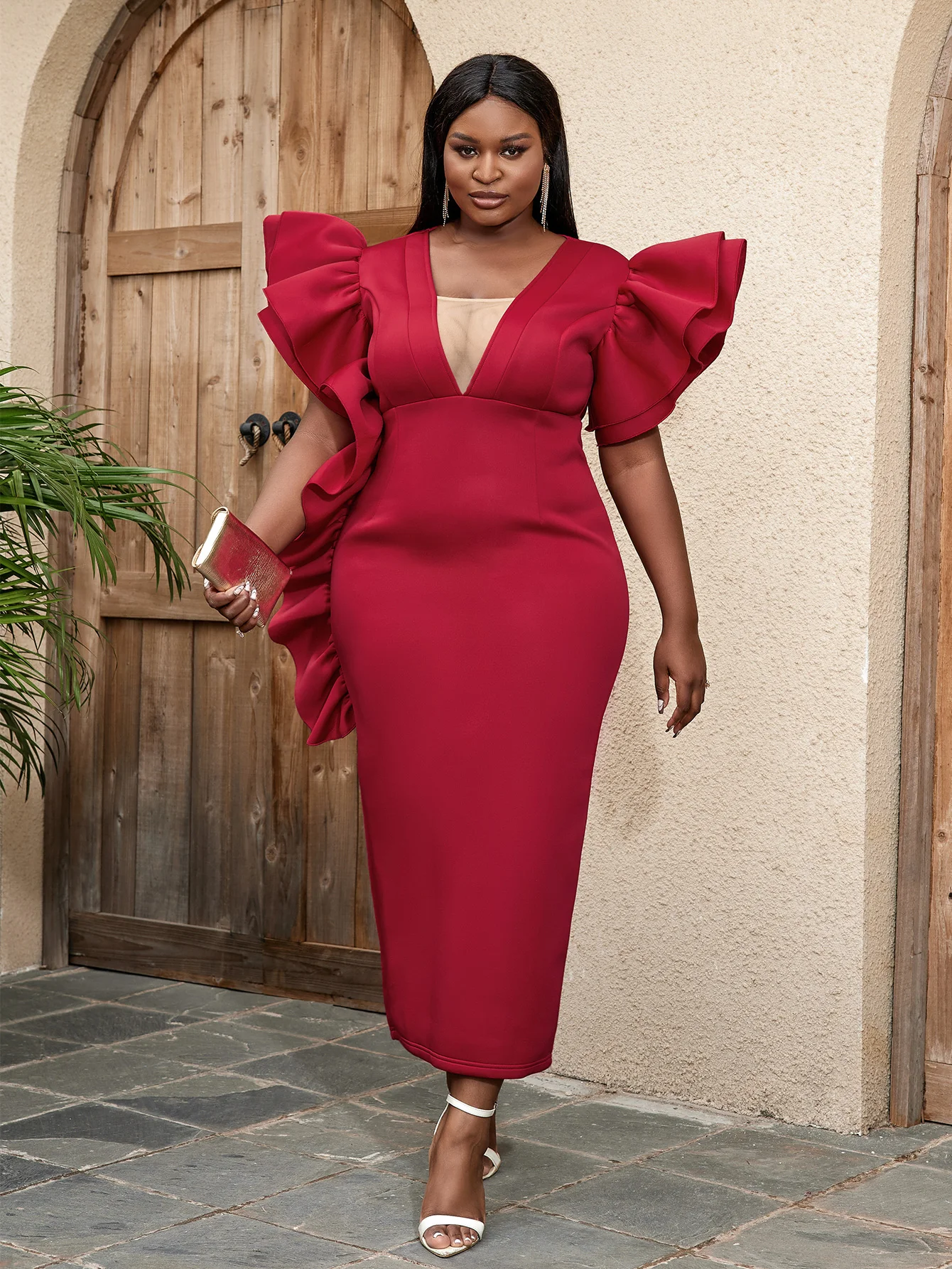 Plus size 4XL Sexy Deep V Neck Dress Women Elegant Red Maxi Robes Short Sleeve Ruffled Stylish Christmas Party Bodycon Vestidos