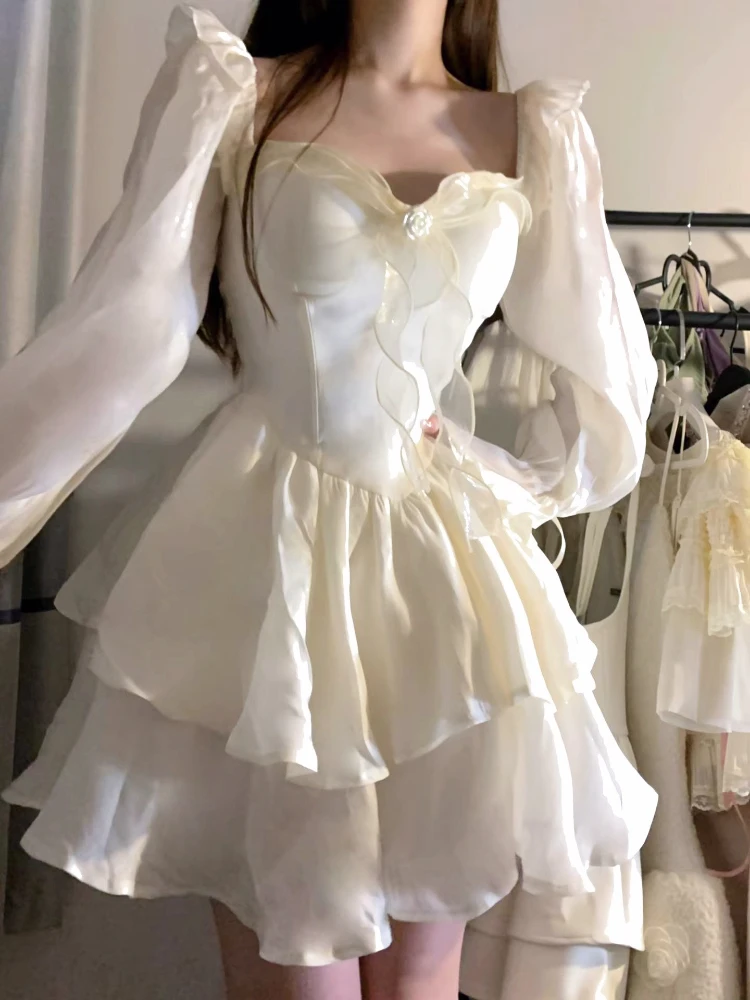 

2023 Spring Pure Color French Fairy Mini Dress Y2k Party Slim One Piece Dress Korean Design Lace Sweet Sexy Women Dress Lolita