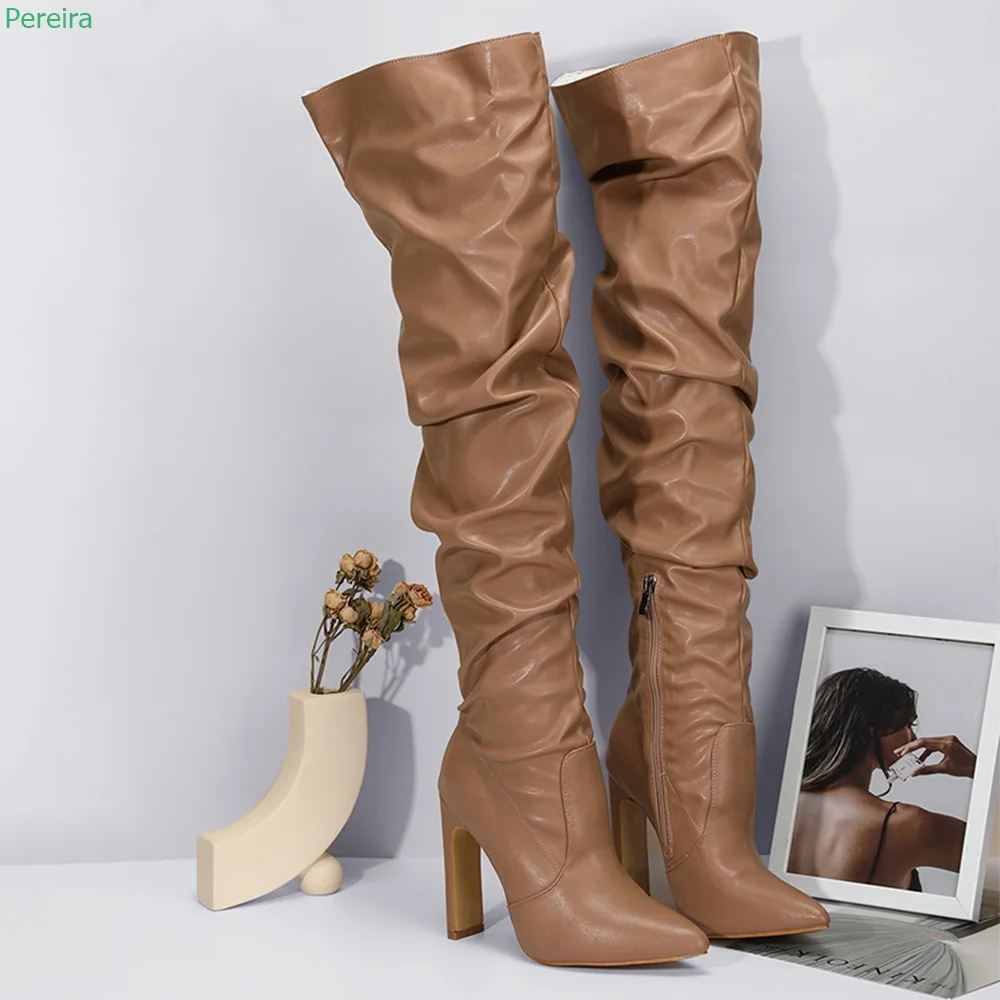 

Brown Knight Pleated Knee Boots Woman Summer 2022 New Arrival Solid Chunky Heel Spring Zipper Pointed Toe Sexy Fashion Shoes