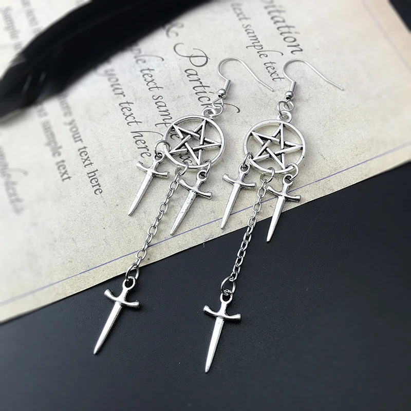 Готические серьги-мечи в виде пентаграммы для женщин серебряные кольца Huggie