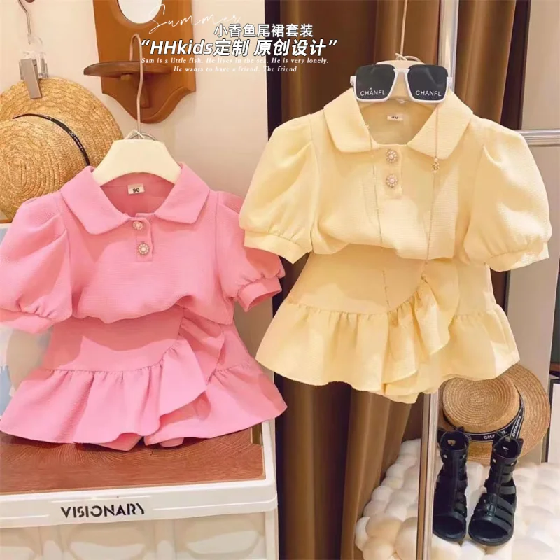

2023 Summer New Girls' Suit Preppy Skirt Girl's Clothes Two-piece Polo Fishtail Dress Infant Top and Bottom Set Child Skirt