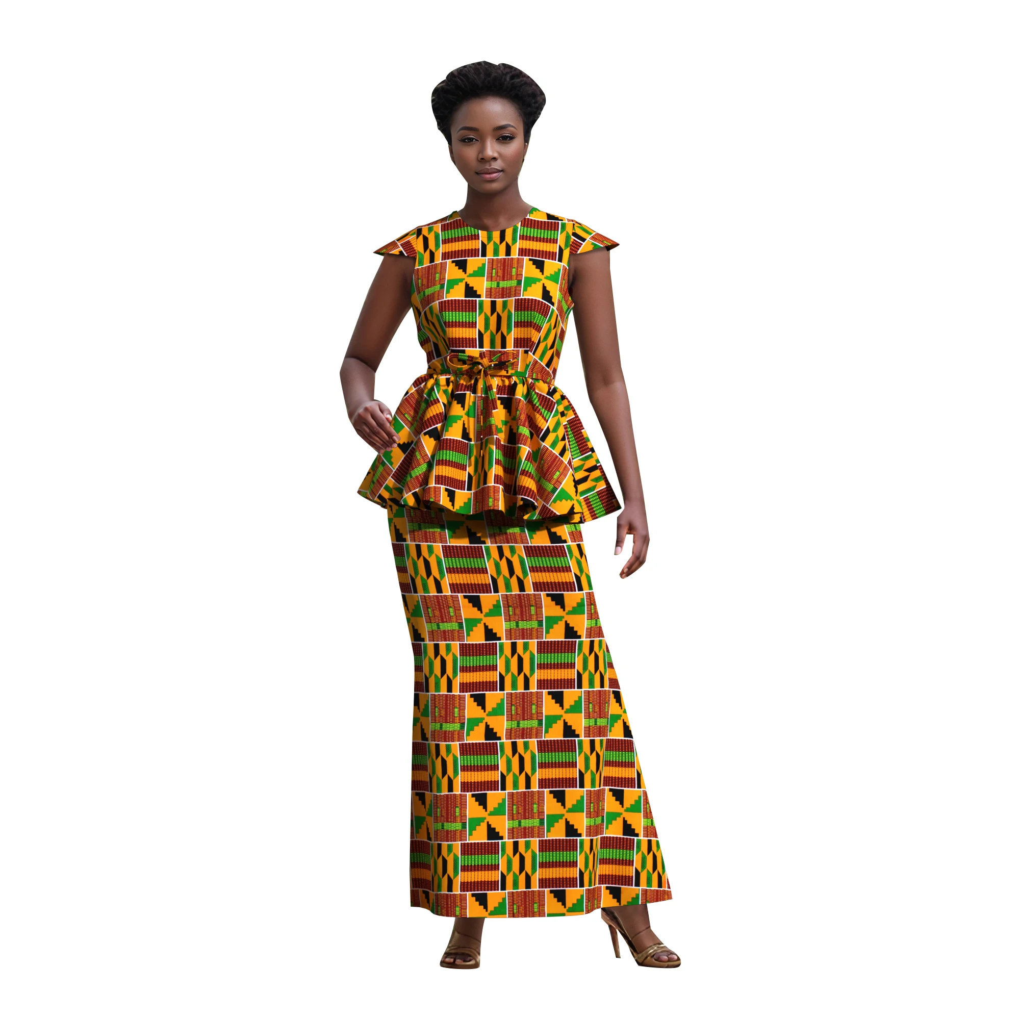 Фото Костюм BintaRealWax Kente Geometric Africa из двух предметов: топ с рукавами-крылышками и завязками на талии, пэплум-топ, макси-юбка, женский деловой костюм WY10558 №1