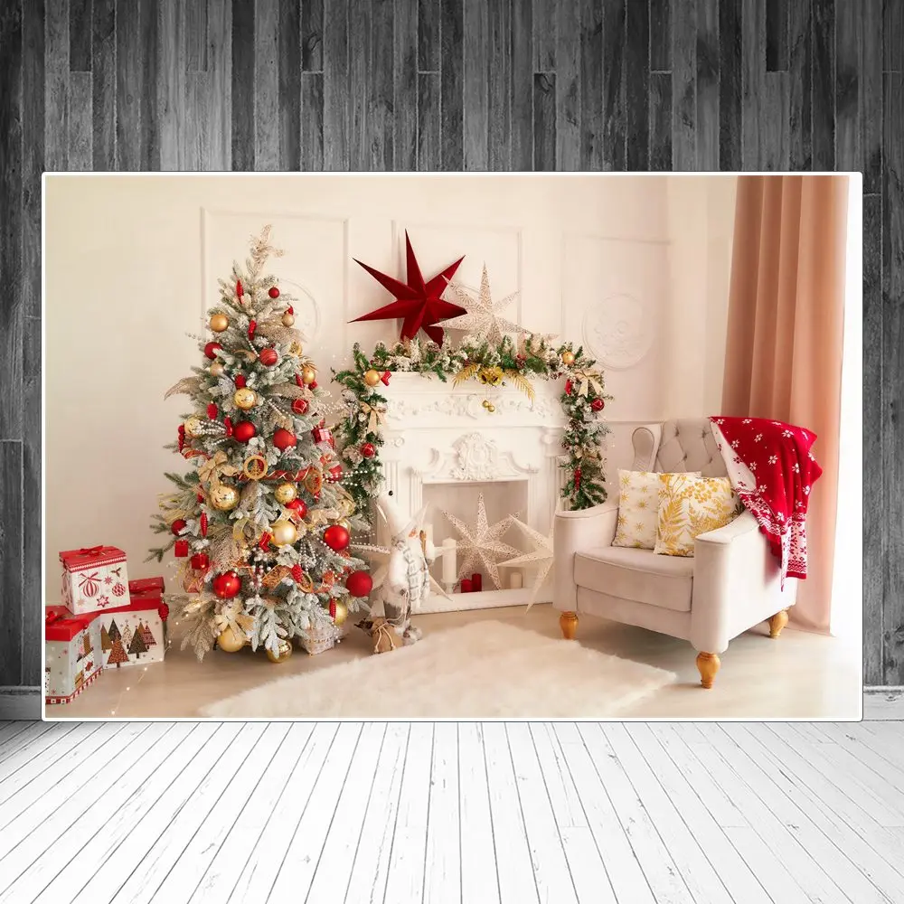 

Christmas Tree Garland Stars Fireplace Sofa Interior Photography Backgrounds Custom Baby Party Decoration Photo Booth Backdrops