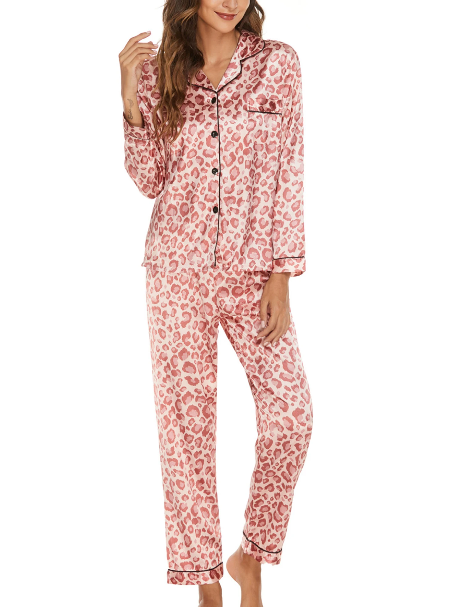 

Women s Cozy Pajama Set Stylish Polka Dots Stars Leopard Print Button-Down Shirt with Comfy Long Pants - 2 Piece Lounge Set
