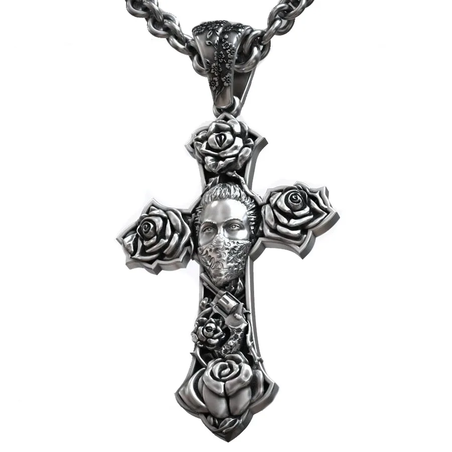 

Chicano Tattoo Style Roses Pattern Skull Cross Pendant Women 925 SOLID STERLING Silver Pendant