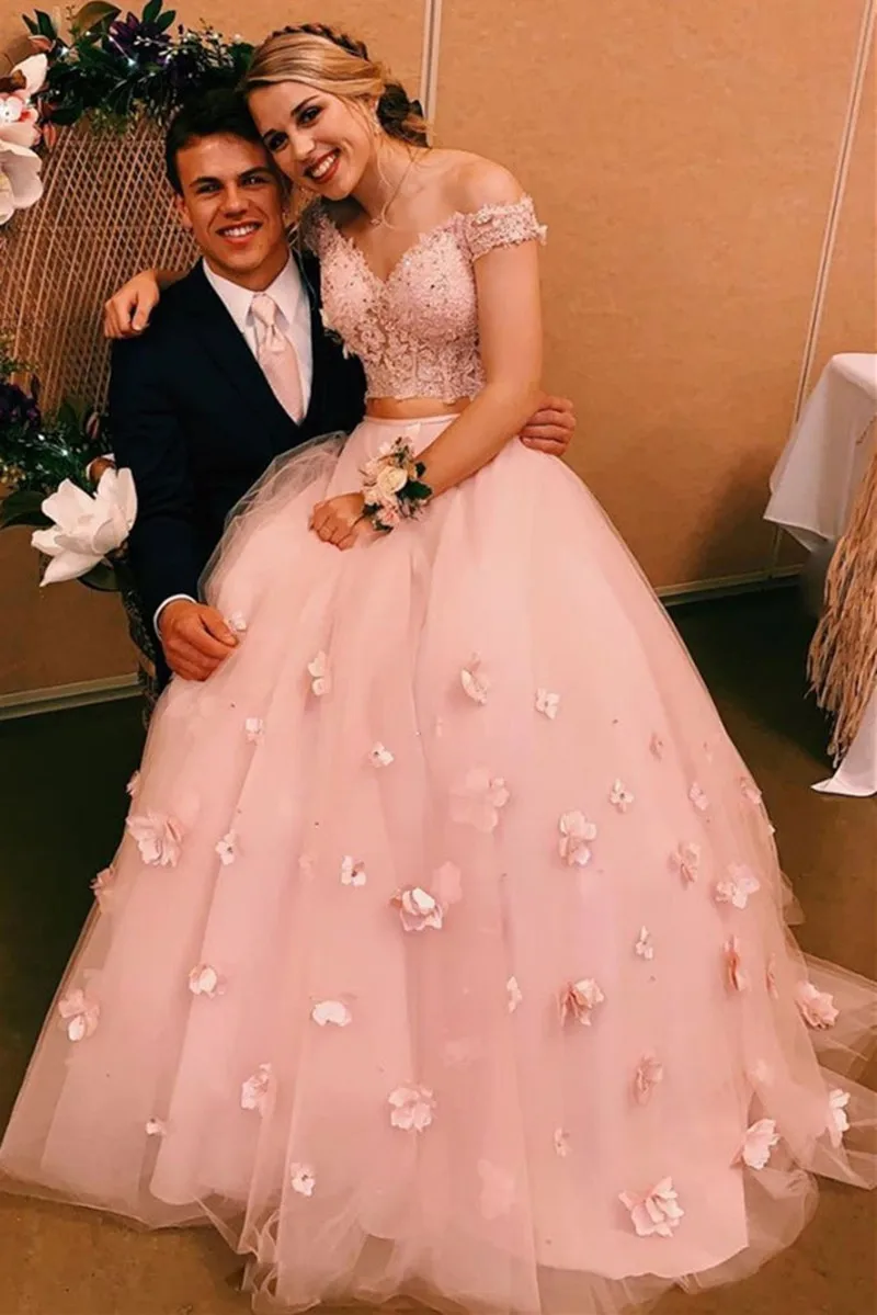 

2022 Two Pieces Prom Dresses Sexy Off Shoulder Lace Top Women Wear Special Party Evening Gowns Handmade Flowers Tulle Vestidos
