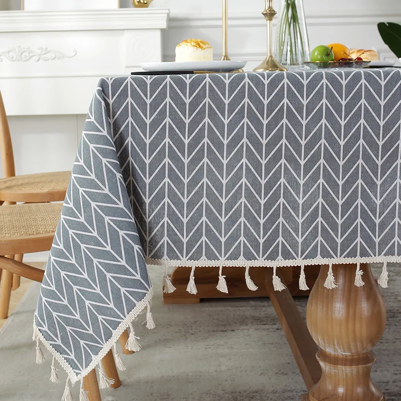 

Washed cotton and linen canvas printing fishbone pattern rectangular tablecloth tassel tablecloth tablecloth coffee table tablec