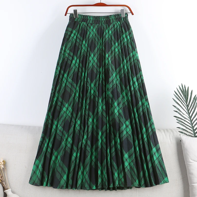 

2022 Spring Autumn New Elastic High Waist Retro Large Plaid A-line Skirts For Women Clothing bd345