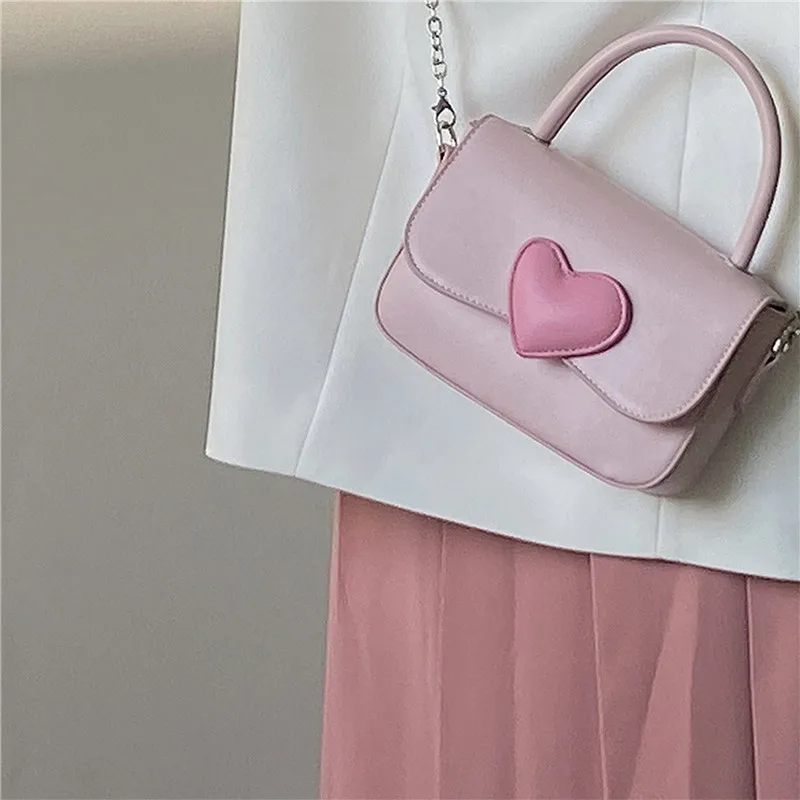 

Small Square Shoulder Bag Pink Heart Girly Fashion Love Women Tote Purse Handbags Female Chain Top Handle Messenger Bags Gift