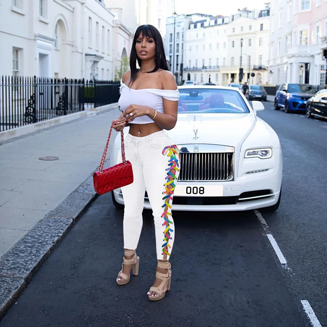 Ladies summer new high-waisted INS street personality color side straps denim pencil pants foreign trade hot pants