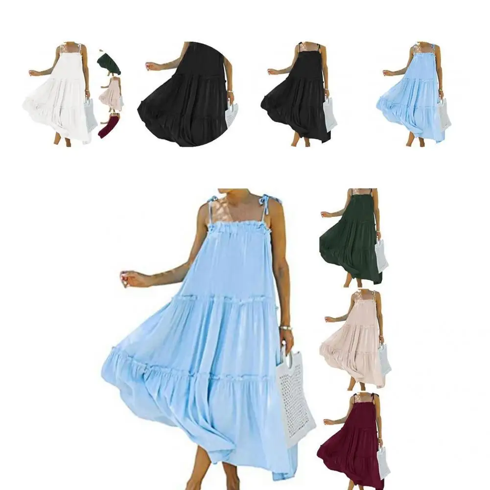 

Beautiful Women Dress Simple Lightweight Maxi Dress Pleated Large Hem Casual Dress