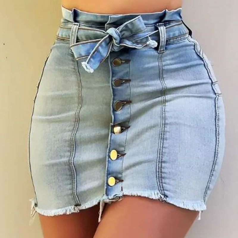 

Harajuku Denim Mini Skirt Ladies Summer High Waist Lace Up Jeans Shorts Skirts Women Denim Bodycon Skirts with Fake Big Pockets
