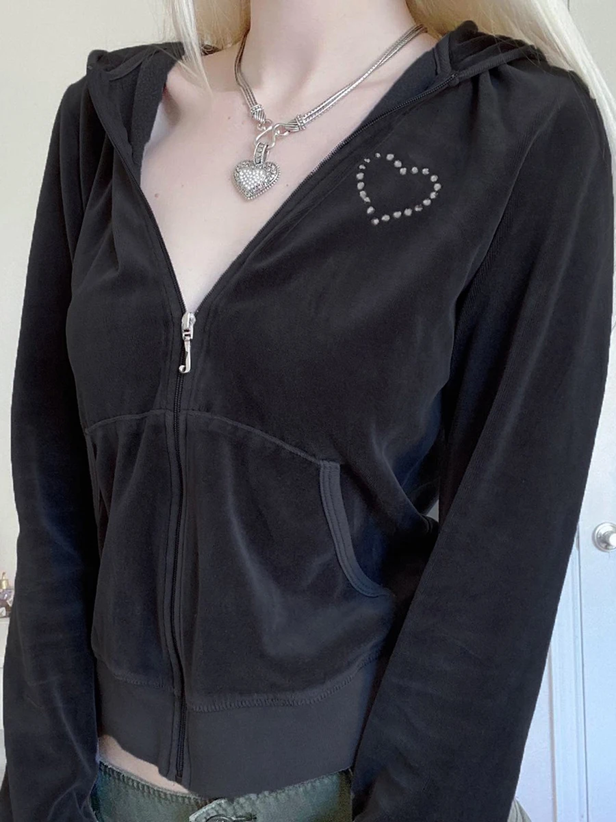 

Women Hooded Coat Long Sleeve Zipper Heart Side Pockets Fall Spring Street Casual Loose Short Velvet Coat Ladies Streetwear