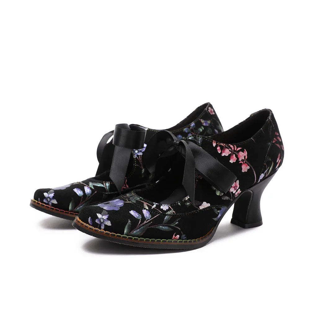 

Spring Autumn Women Pumps Genuine Leather Square Heel Round Toe Buckle Strap occupation Shoes For Women black size 40