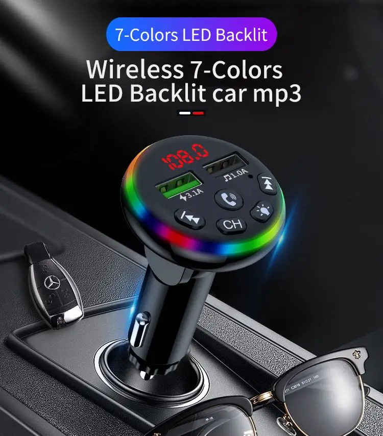 Car MP3 Ambient Light Bluetooth 5.0 FM Transmitter  Player Wireless Handsfree Audio Receiver USB Fast Charge TF U Disk Play